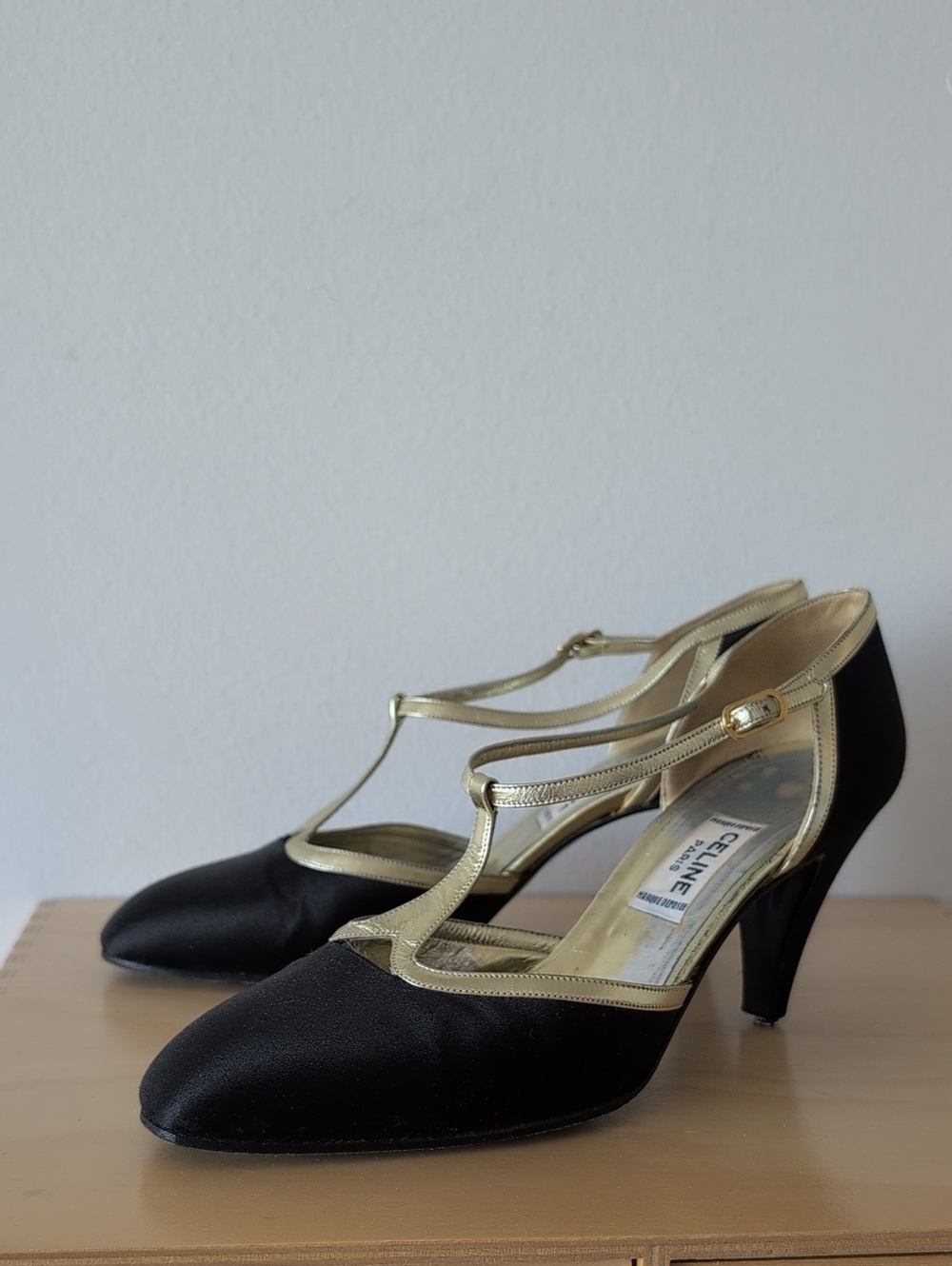 CELINE Black Satin T-Strap Pumps with Gold Trim